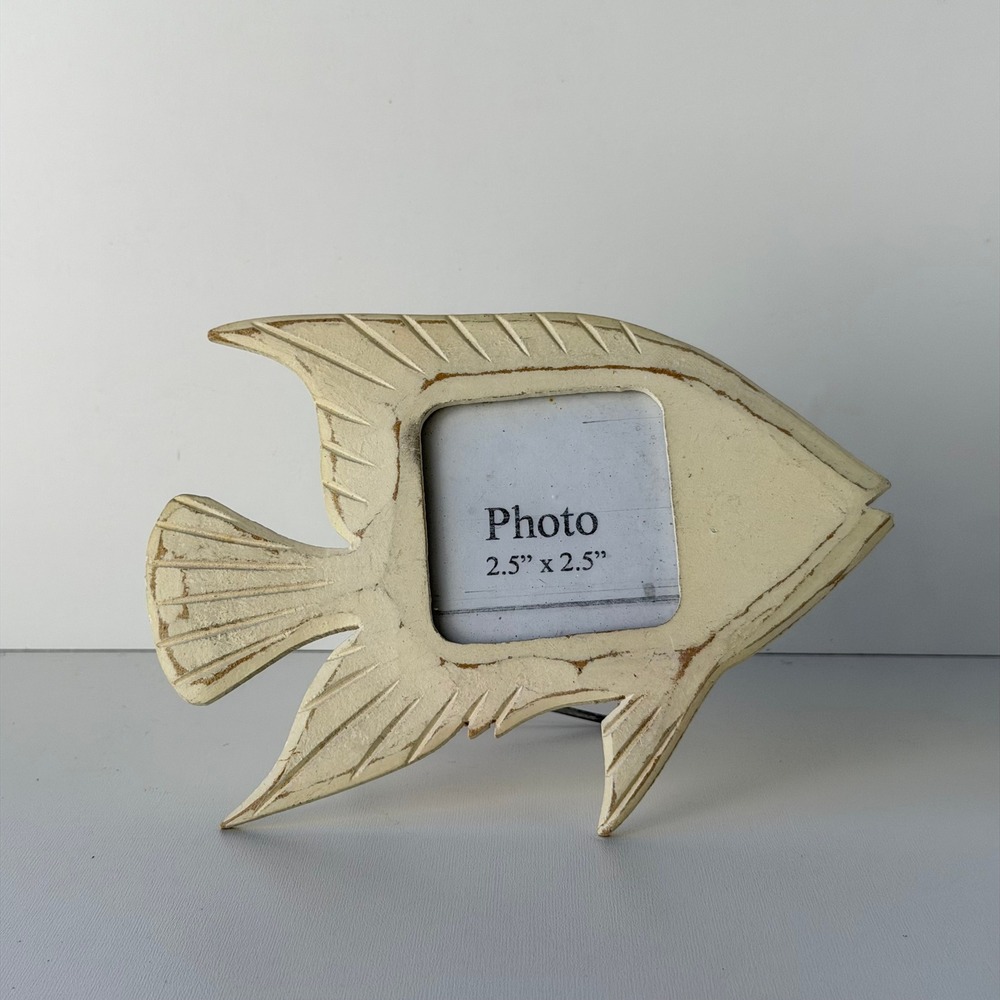 Vintage Enesco Tropical Fish Photo Frame 2.5x2.5 Cream Coastal Distressed Wood